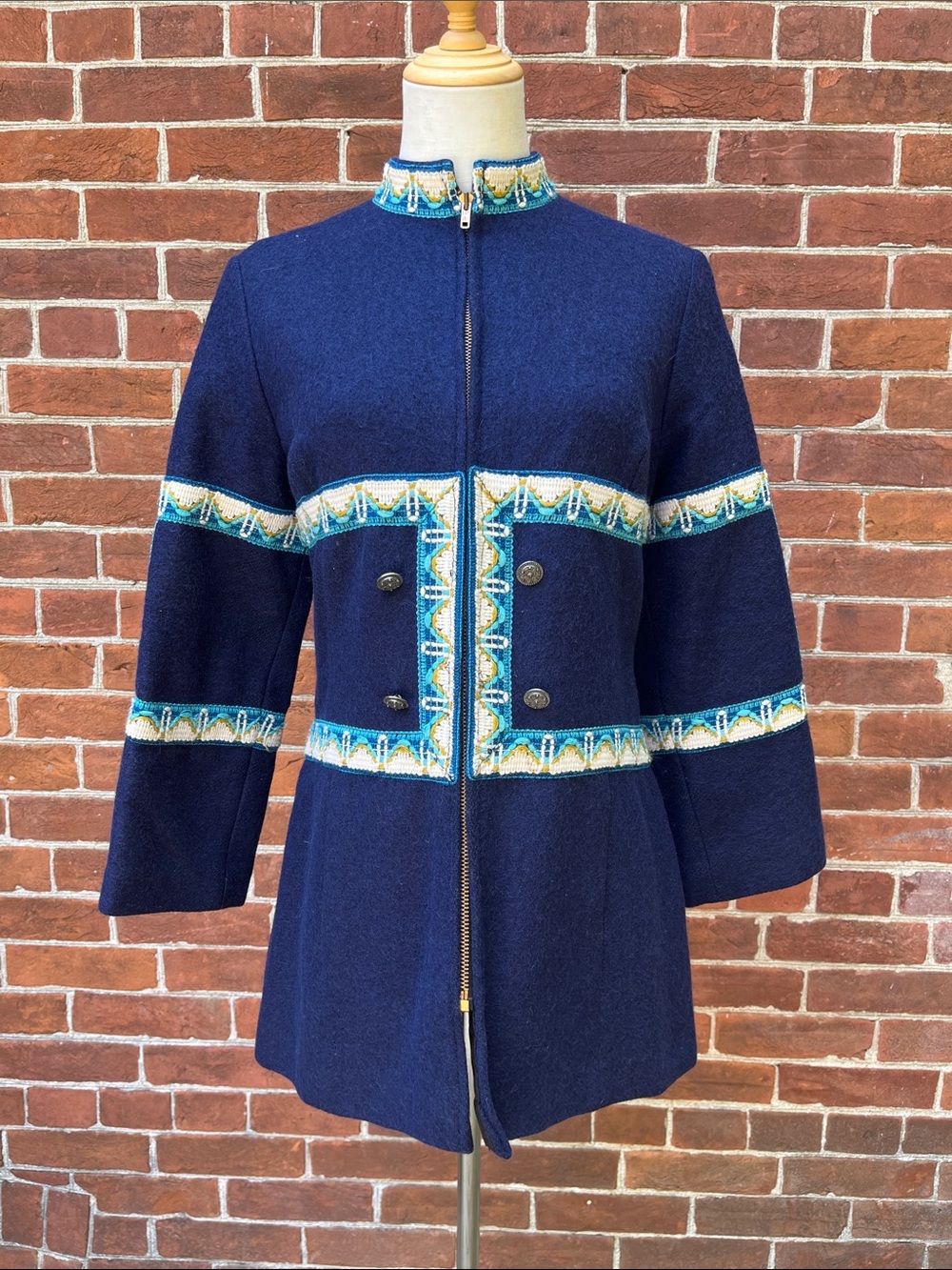 Vintage Norwegian Navy Pea Coat with Turquoise & Cream Trim Sportsom